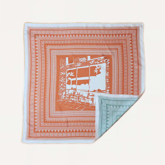 100% Silk Twill Hand-Made Scarf – Terracotta Cafe Print 90x90cm