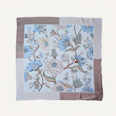 100% Silk Twill Hand-Made Scarf – Soft Blue Botanical 90x90cm