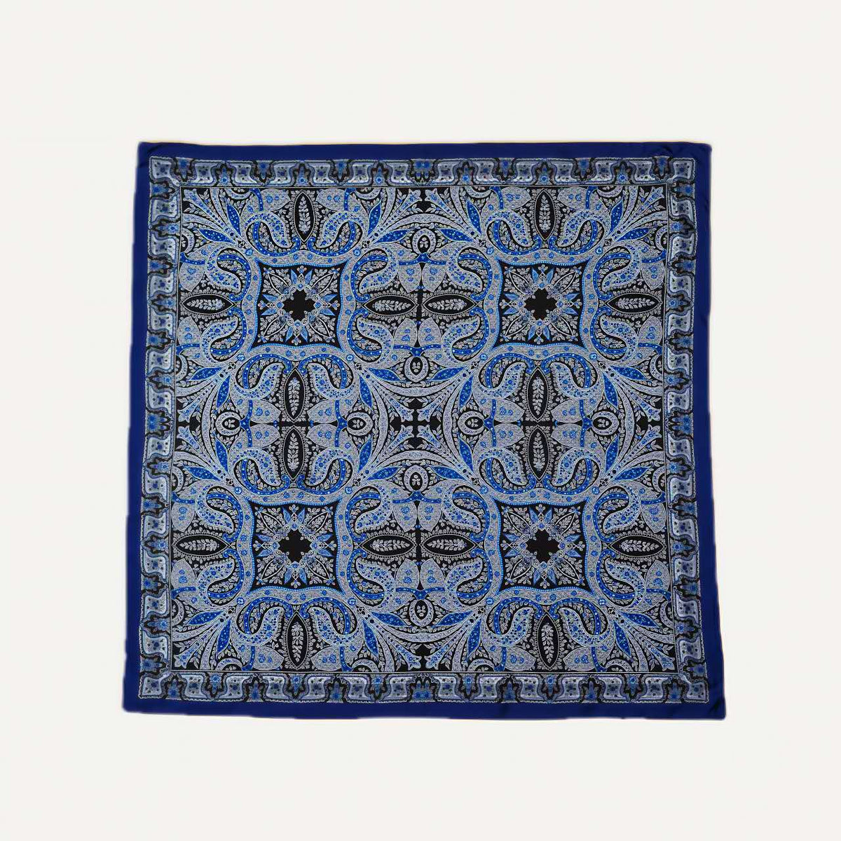 100% Silk Twill Hand-Made Scarf – Royal Blue Ornate 90x90cm