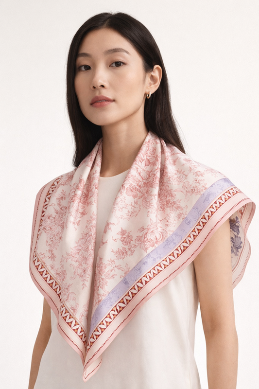 Sketch Floral 100% Silk Twill Scarf – Double-Sided, 90×90cm