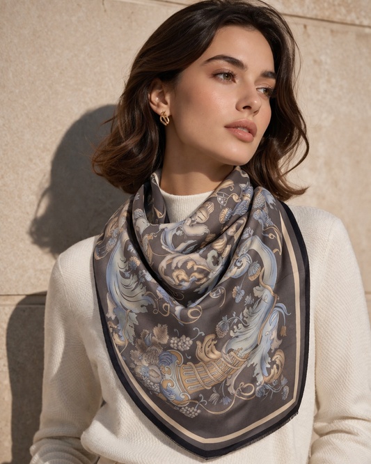 LaRana Celestial Garden Motif Cashmere Shawl – 100% Cashmere Grey 190×90 cm