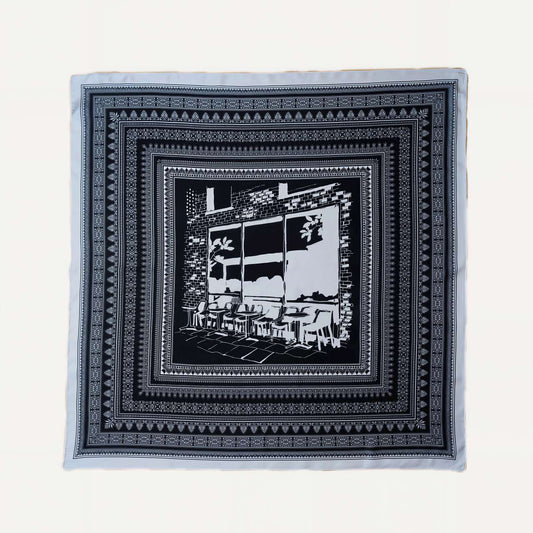 100% Silk Twill Hand-Made Scarf – Black & White Cafe Sketch 90x90cm