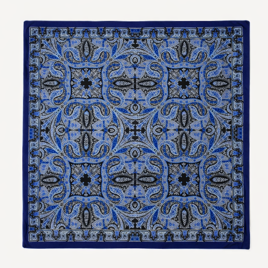 100% Silk Twill Hand-Made Scarf – Royal Blue Ornate 90x90cm
