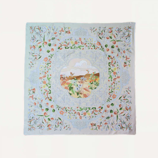 100% Silk Twill Hand-Made Scarf – Garden Landscape 90x90cm