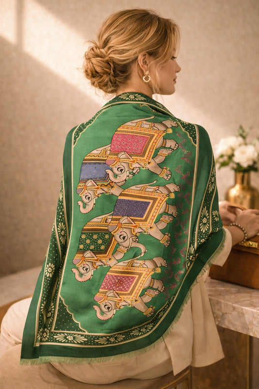 LaRana Elephant Motif Cashmere Shawl – 100% Cashmere Green 190×90 cm