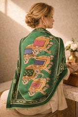 LaRana Elephant Motif Cashmere Shawl – 100% Cashmere Green 190×90 cm