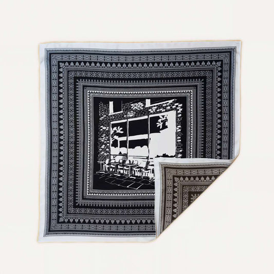 100% Silk Twill Hand-Made Scarf – Black & White Cafe Sketch 90x90cm