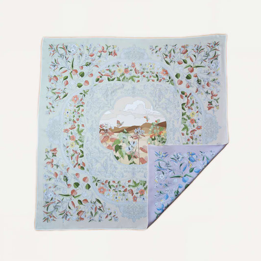 100% Silk Twill Hand-Made Scarf – Garden Landscape 90x90cm