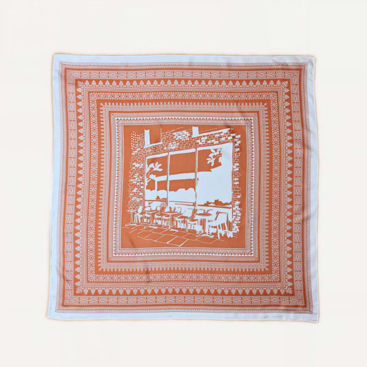 100% Silk Twill Hand-Made Scarf – Terracotta Cafe Print 90x90cm