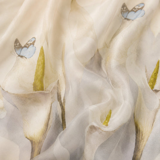100% Silk Chiffon Long Scarf – Lightweight Twilley Butterfly Calla Lily 180×110cm