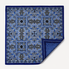 100% Silk Twill Hand-Made Scarf – Royal Blue Ornate 90x90cm