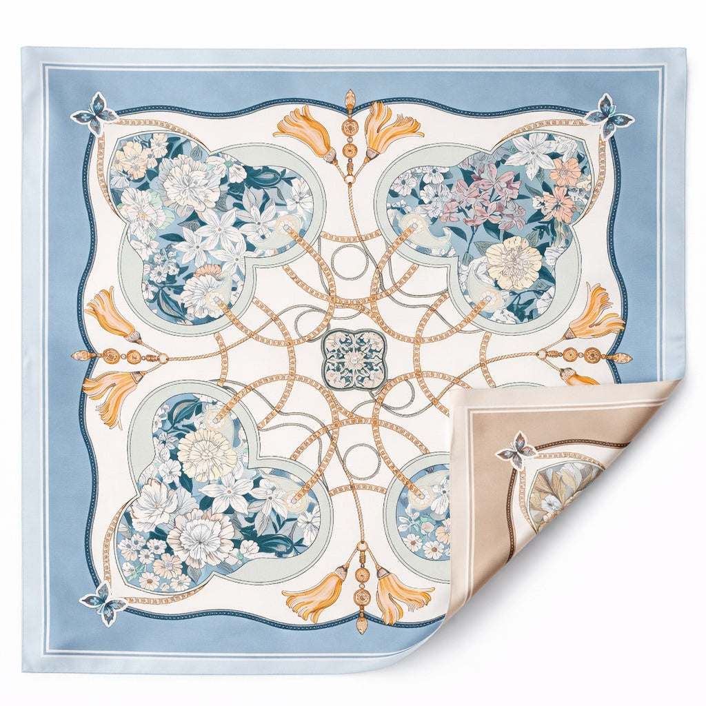 Blooming Chain Tassel 100% Silk Twill Scarf – Double-Sided, 90×90cm