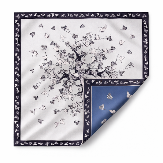 Butterfly Tree 100% Silk Twill Scarf – Double-Sided, 90×90cm