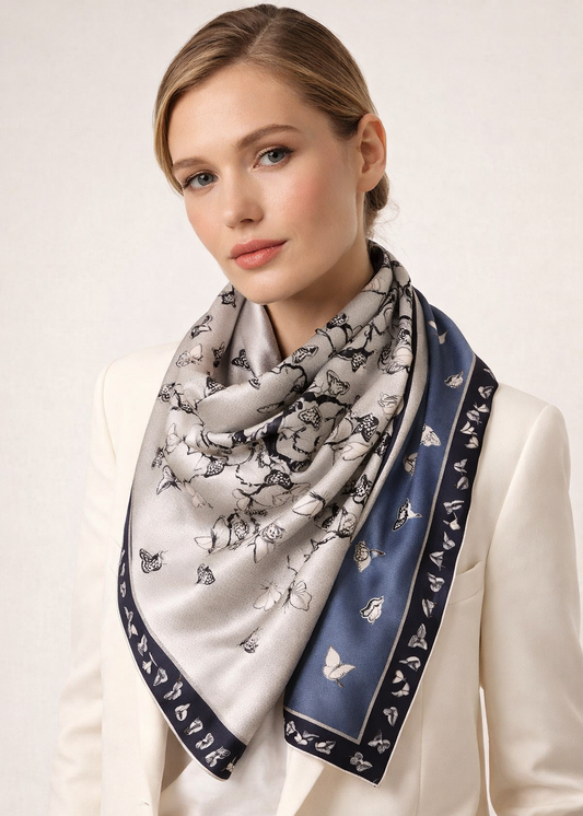 Butterfly Tree 100% Silk Twill Scarf – Double-Sided, 90×90cm