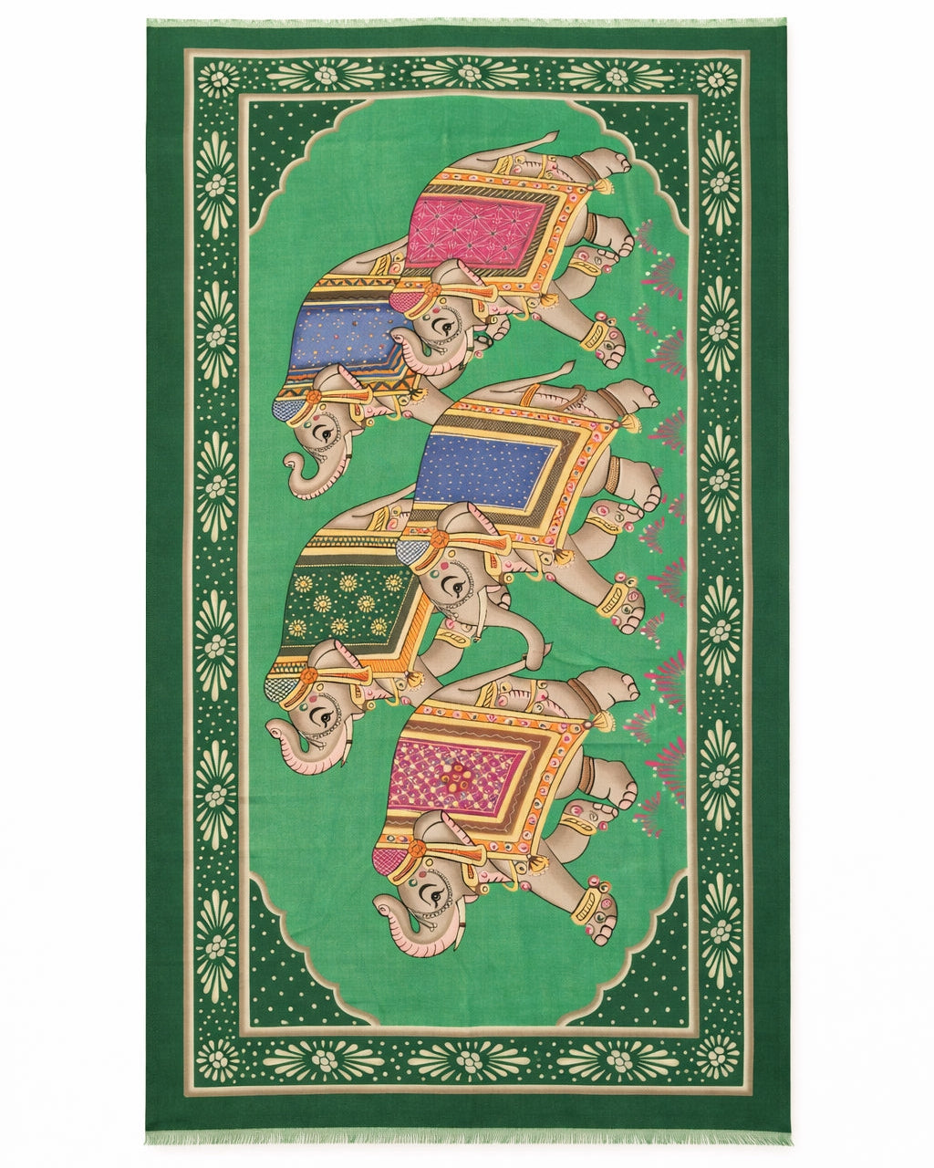 LaRana Elephant Motif Cashmere Shawl – 100% Cashmere Green 190×90 cm