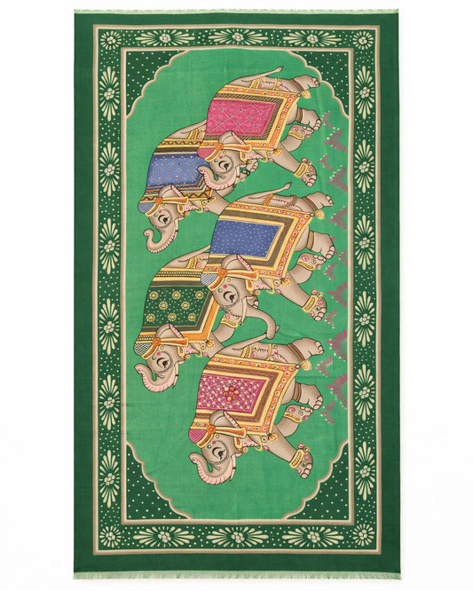 Italian Elephant Motif Cashmere Shawl – 100% Cashmere Green 190×90 cm