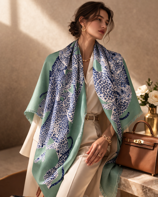 Italian Leopard Motif Cashmere Shawl – 100% Cashmere Scarf 190×90cm