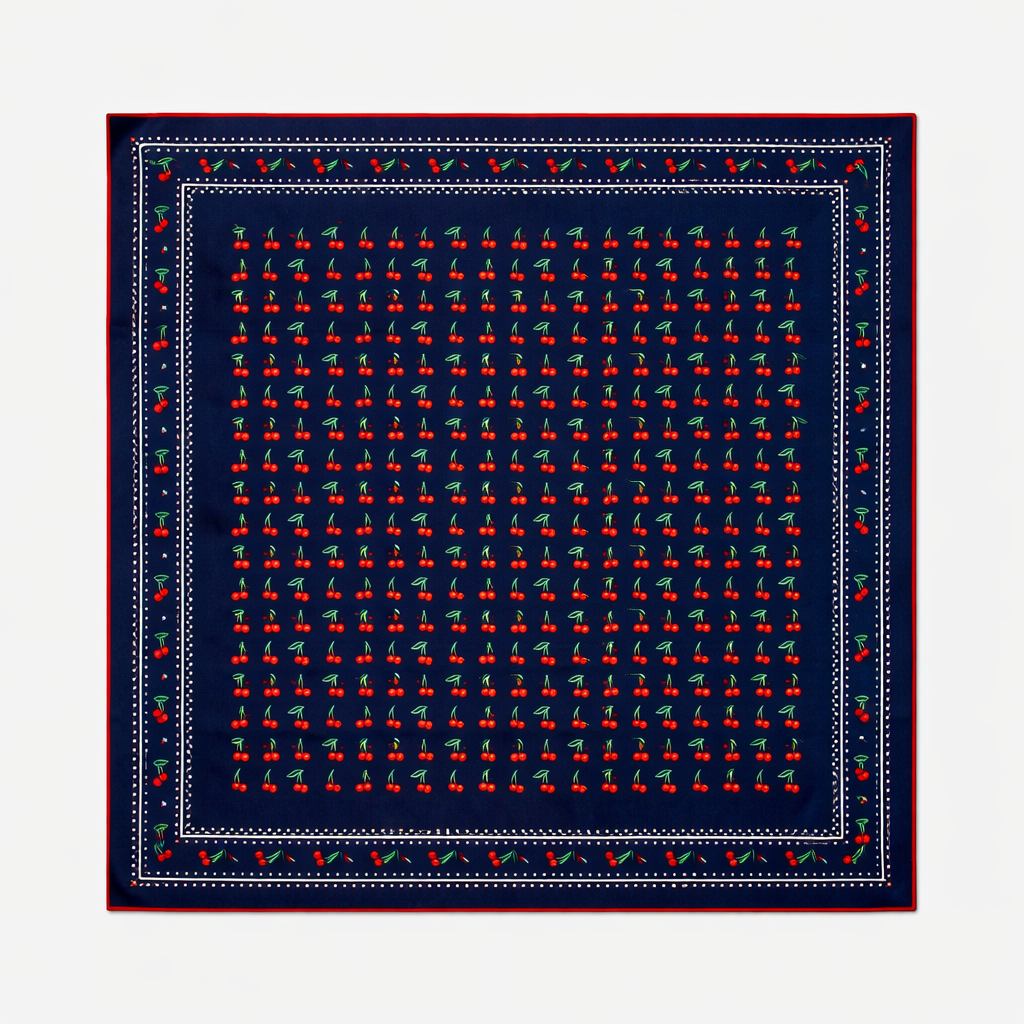 Retro Cherry Print Silk/Wool Scarf – Vintage French Style 60x60 cm