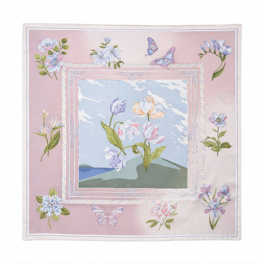100% Silk Twill Hand-Made Scarf – Spring Garden Tulip 90x90cm