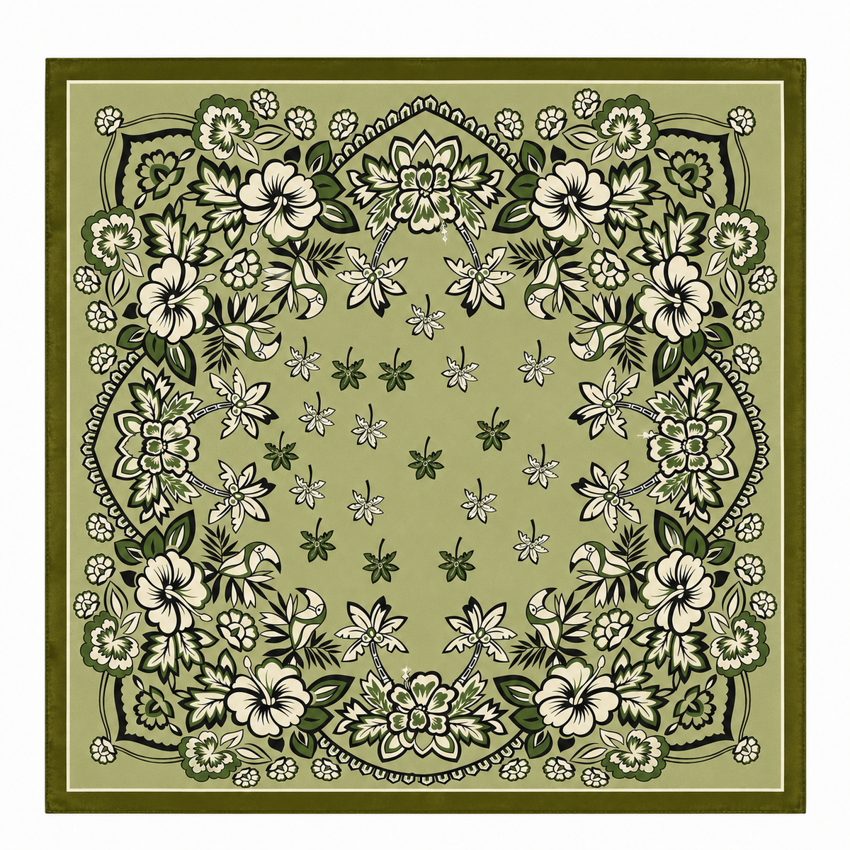 100% Silk Square Scarf 54x54 cm - Green White Flowers