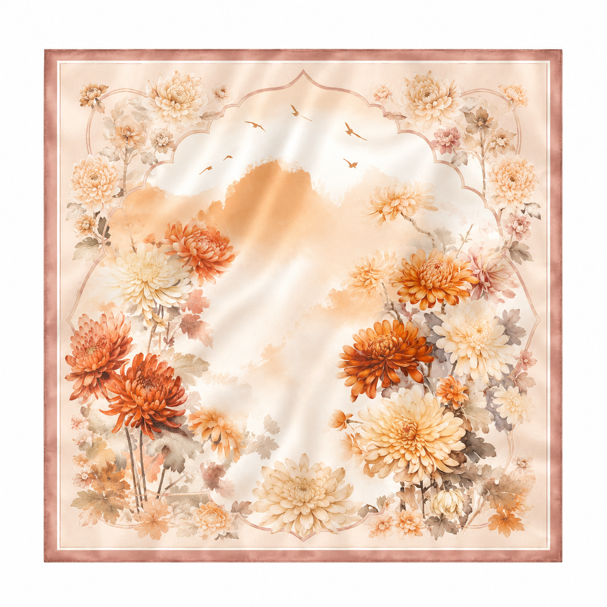 100% Silk Square Scarf 54x54 cm - Cream & Orange Floral