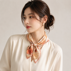 100% Silk Square Scarf 54x54 cm - Cream & Orange Floral