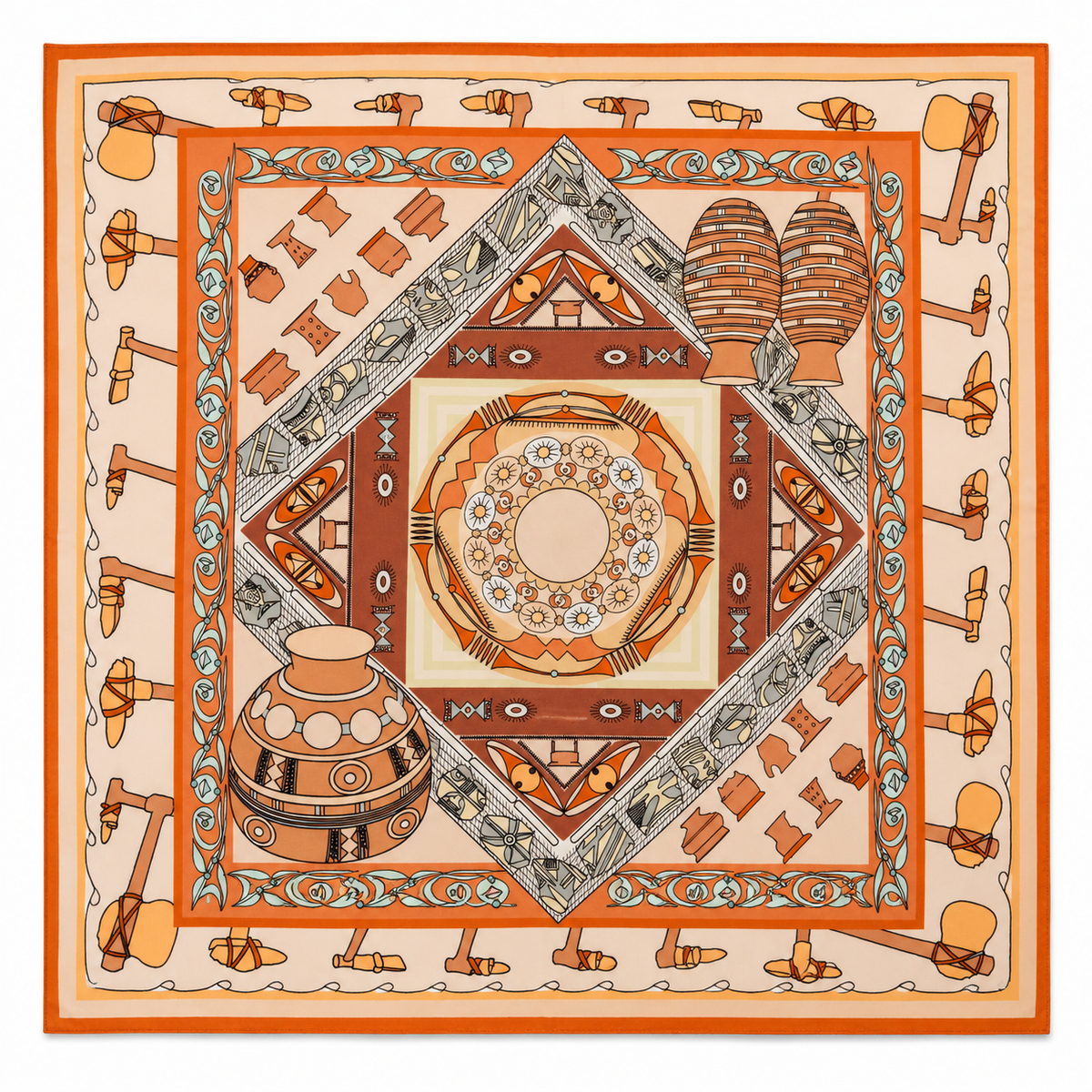 Foulard carré 100 % soie 54x54 cm - motif floral crème et orange
