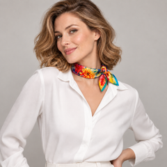 Foulard carré 100 % soie 54x54 cm - motif floral crème et orange