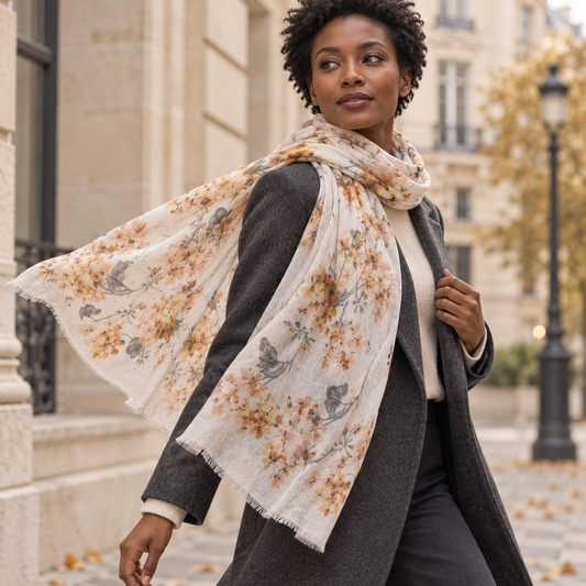 Aurelia Featherlight Cashmere Stole – Ivory Blossom