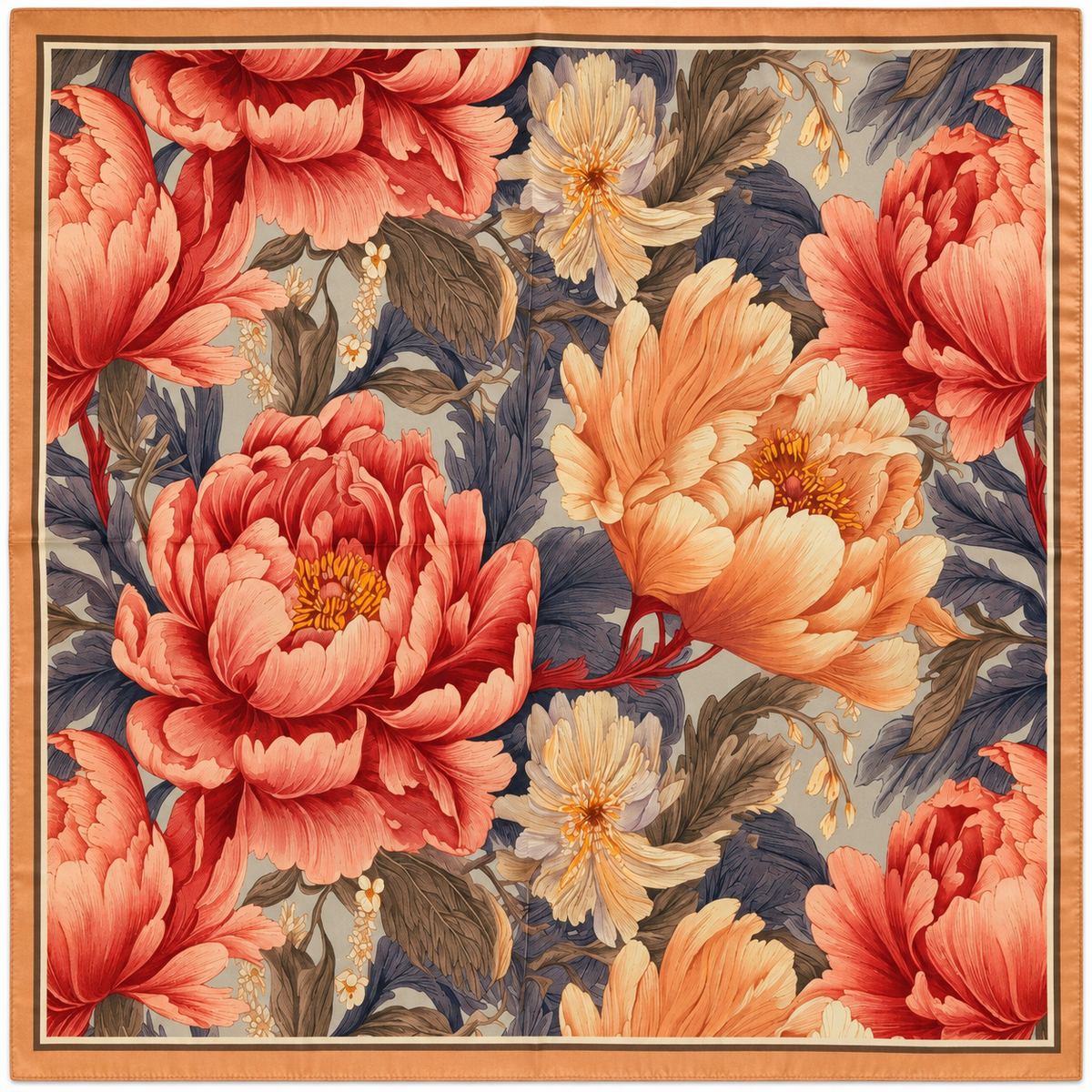 Foulard carré 100 % soie 54x54 cm - motif floral crème et orange
